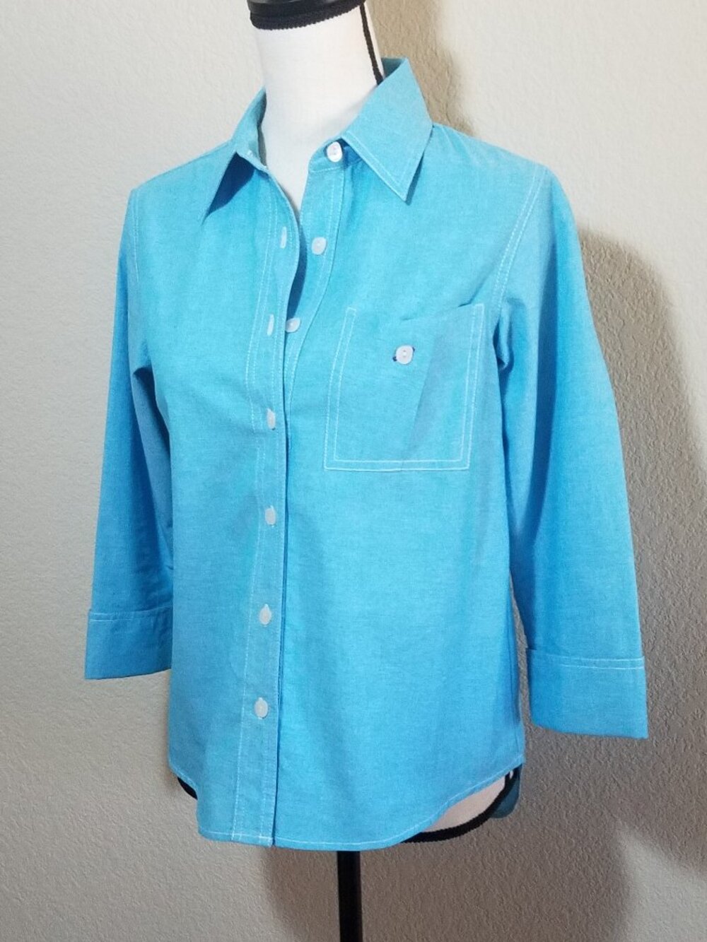 Coldwater Creek Blue Button Down Shirt P XS Top 3/4 Sleeve Womens 100% Cotton